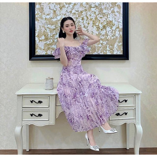 Đầm maxi trễ vai, dập li nhuyễn hoạ tiết hoa tím, size S