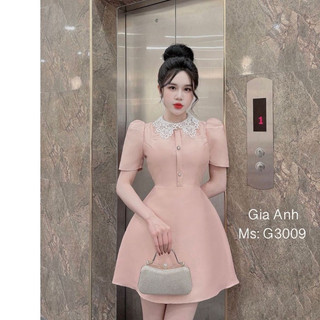 váy tiệc Hồng cổ ren