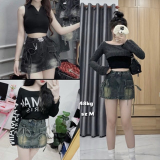 Chân váy bò thắt nơ dáng ngắn có quần bên trong 2 màu basic tôn dáng tôn da