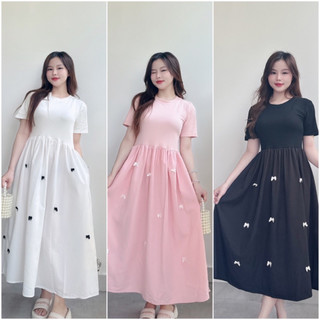 V357 váy thun zip pha thô đính nơ, váy cổ tròn dáng dài tay ngắn size SM
