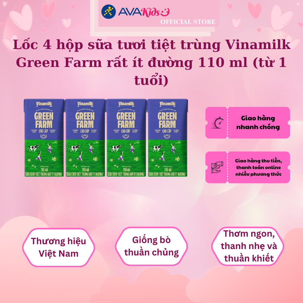 Lốc 4 hộp sữa tươi tiệt trùng Vinamilk Green Farm rất ít đường 110 ml (từ 1 tuổi)