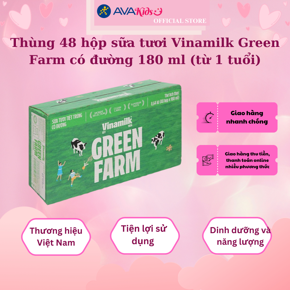 Thùng 48 hộp sữa tươi Vinamilk Green Farm có đường 180 ml (từ 1 tuổi)