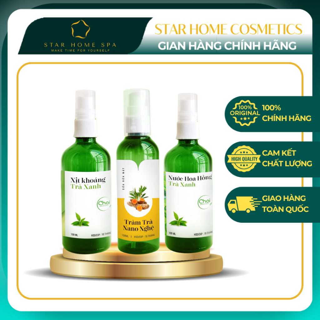 Combo Chăm Sóc Da Mụn Sữa Rửa Mặt Tràm Trà Nano Nghệ, Nước Hoa Hồng Trà Xanh, Xịt Khoáng Trà Xanh Ch