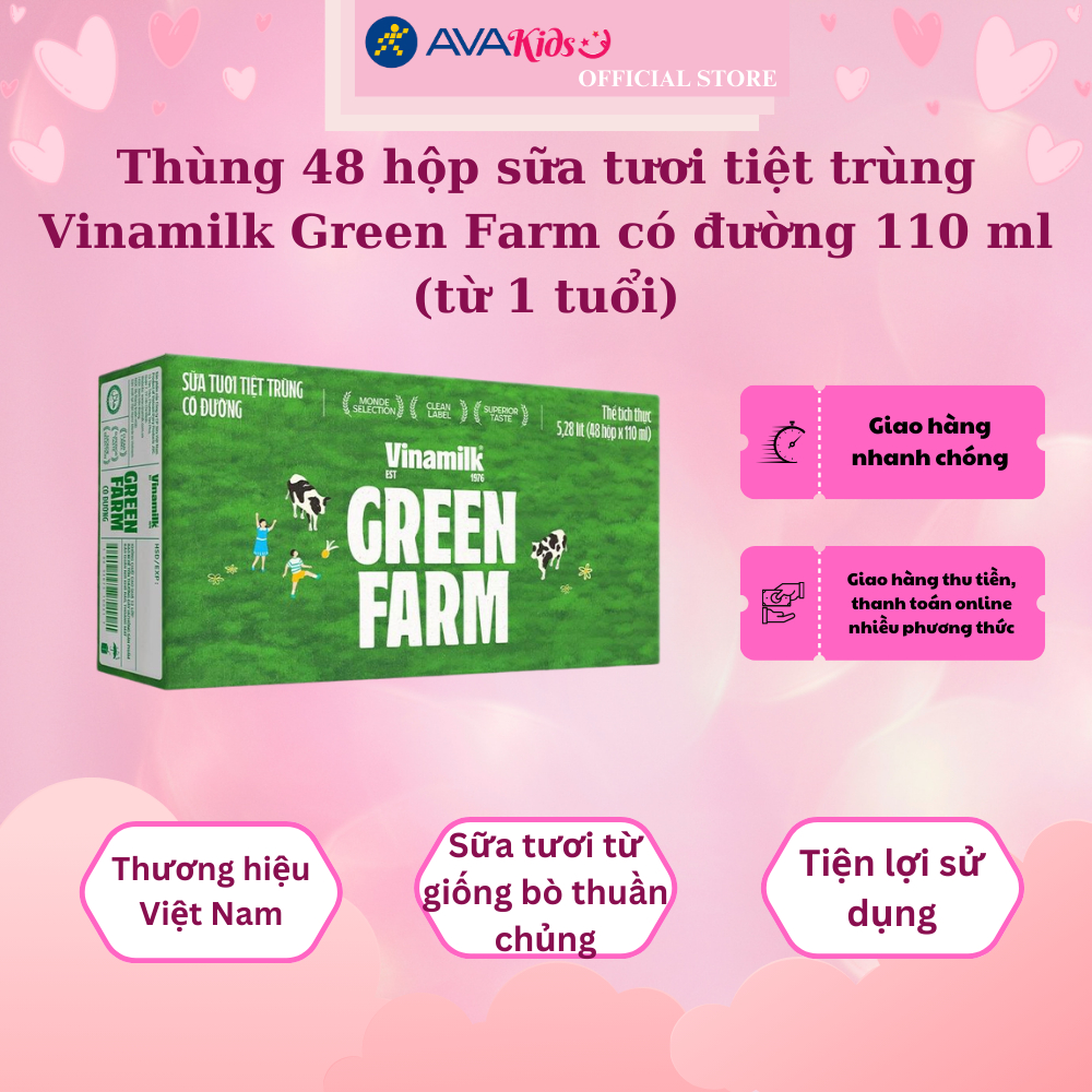 Thùng 48 hộp sữa tươi tiệt trùng Vinamilk Green Farm có đường 110 ml (từ 1 tuổi)