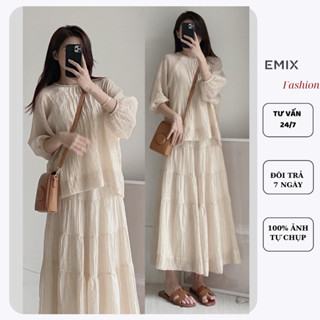 Set tơ nhăn 3 tầng gồm áo kèm chân váy dài voan tơ nhăn 2 lớp EMIX size dưới 55kg Setdui31222/P2K2