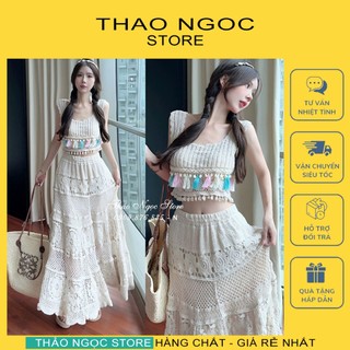 Set bộ ren áo sát nách phối thổ cẩm kèm chân váy ren maxi, set đồ ren đi biển! THẢO NGỌC STORE