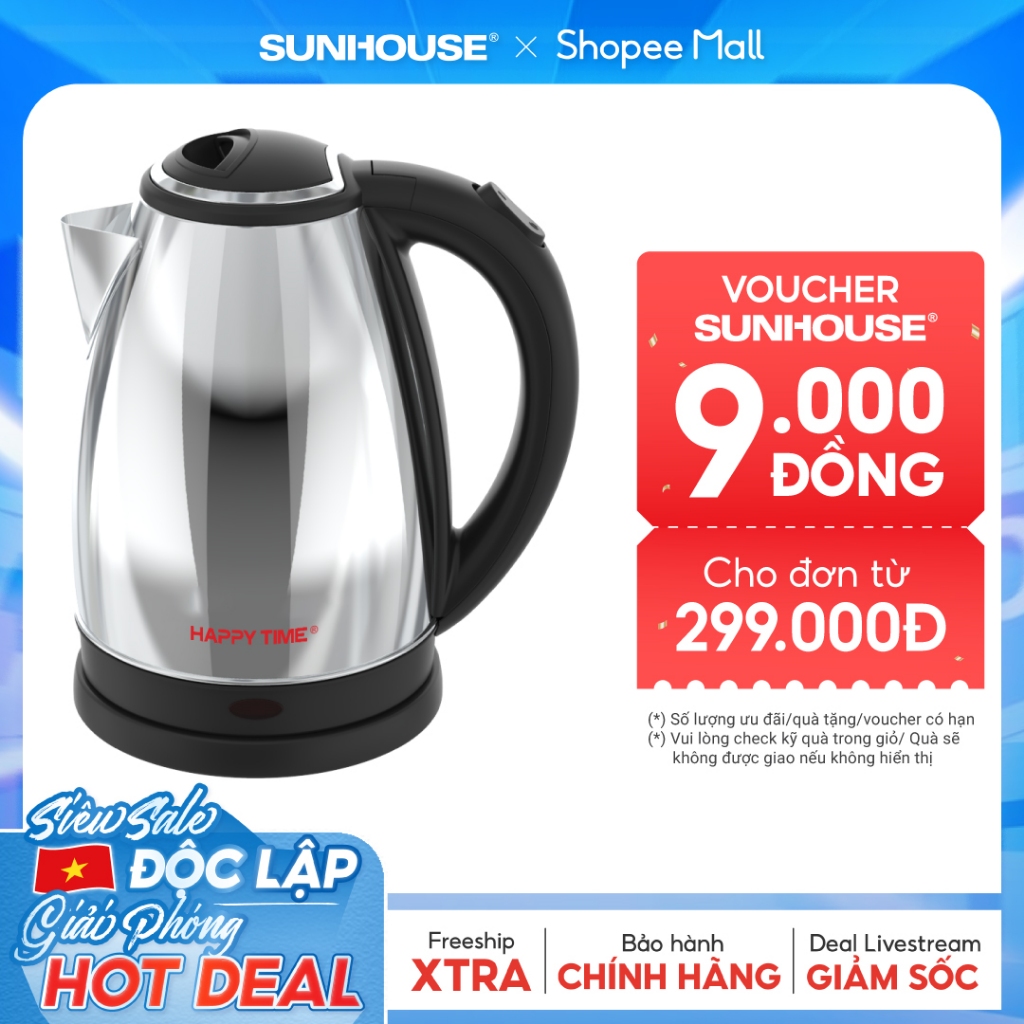 Ấm siêu tốc 1.5L Happy Time HTD1055 - Tự ngắt khi nước sôi/cạn - Tay cầm chống nóng - Hàng chính hãng