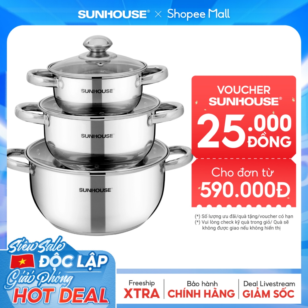 Bộ nồi Inox 3 đáy Sunhouse SH334 size 16cm-20cm-24cm - Đáy từ dùng mọi loại bếp - 3 lớp đáy - Hàng chính hãng