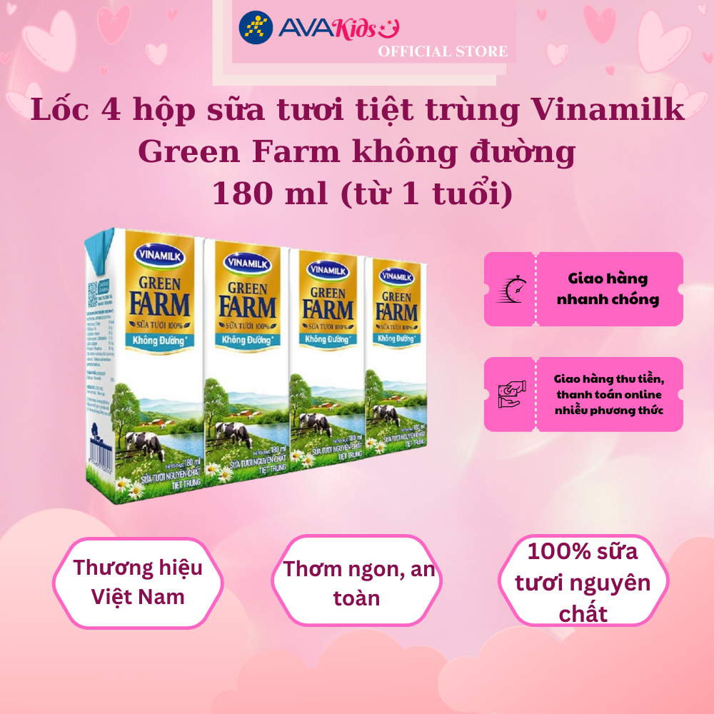 Lốc 4 hộp sữa tươi tiệt trùng Vinamilk Green Farm không đường 180 ml (từ 1 tuổi)