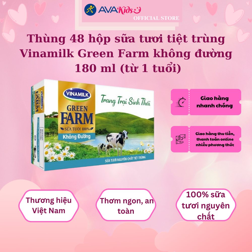 Thùng 48 hộp sữa tươi tiệt trùng Vinamilk Green Farm không đường 180 ml (từ 1 tuổi)