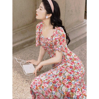 Đầm maxi hoa voan nhún ngực tay bo chun A1523