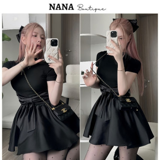 Váy thun tăm dáng xòe phối lụa nơ eo cổ tròn 3 phân, váy ôm eo cực xinh
