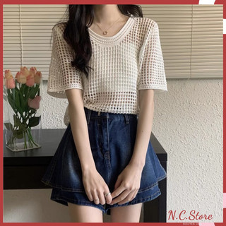 Áo Lưới Ngắn Tay Cổ Tròn Dáng Rộng Móc Rỗng