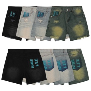 Quần Short Jean NINE LEE rách đùi form ống rộng.