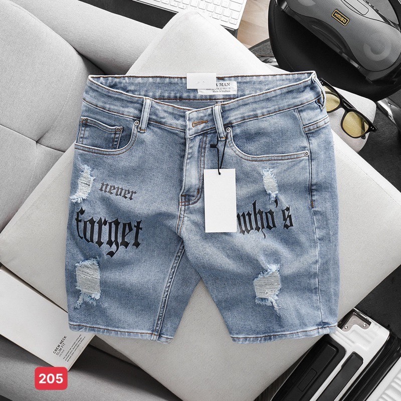 Quần short jean nam màu xanh thêu logo chất bò - quần short bò ngắnnam