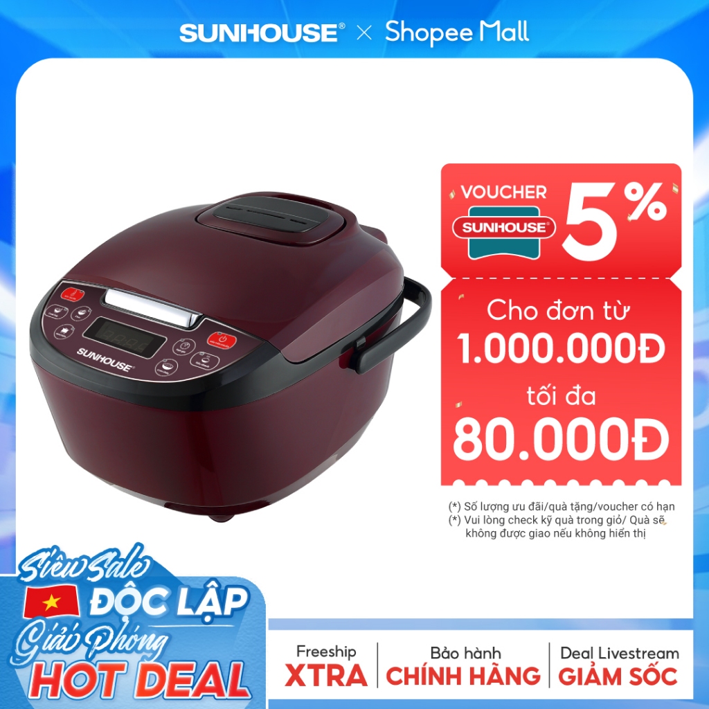 Nồi cơm điện tử 1.8L Sunhouse SHD8909 - Công suất 700W - 6 chế độ nấu tự động - Giữ ấm 12 giờ - Dành cho 4-6 người