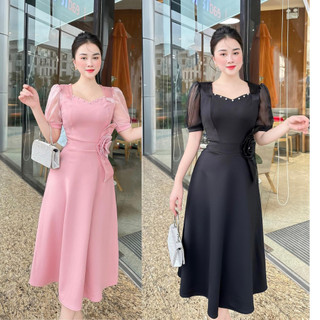 Đầm váy xòe cổ Lục giác hạt trai cho nữ văn phòng, đầm váy xòe cho nữ thường ngày có size S,M,L,XL,XXL