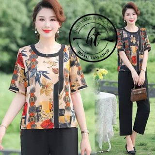 Đồ bộ trung niên mặc cho mẹ, đồ bộ Lụa Pháp trung niên nữ quần dài cao cấp CT07