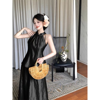 (sẵn đen) Set váy đầm phong cách Trung Hoa váy bộ đồ hai mảnh mùa hè cao cấp mới của Pháp dành cho nữ cổ yếm thắt eo
