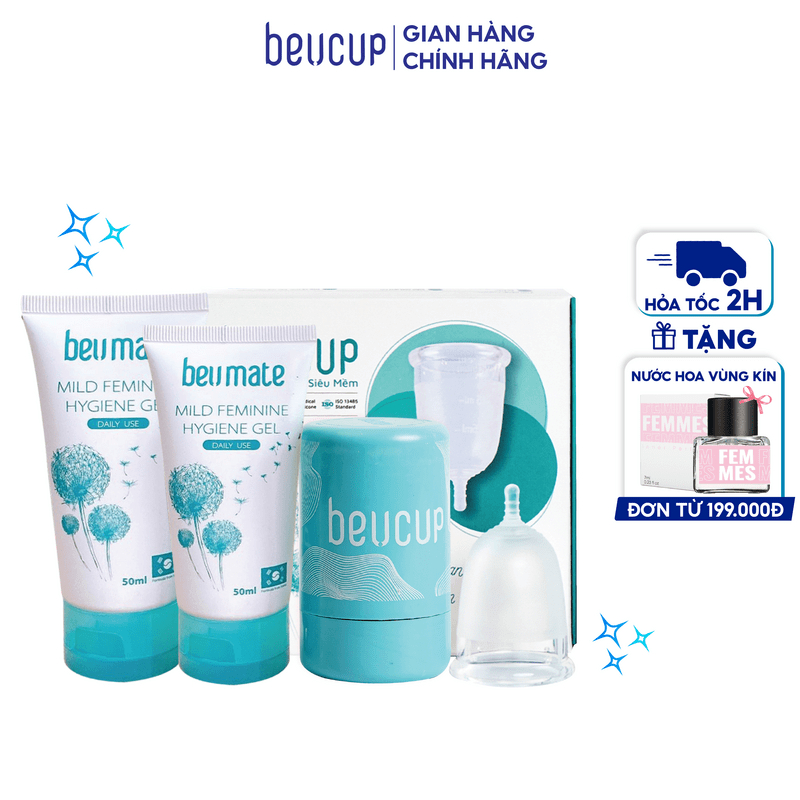 Combo 1 Bộ Cốc Nguyệt San BeUcup Silicol Siêu mềm và 1 Dung Dịch Vệ Sinh CNS Beumate