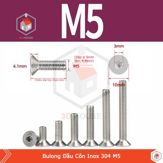 Ốc - bulong lục giác inox 304 đầu côn m5 đủ size - 10 con