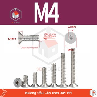Ốc - bulong lục giác inox 304 đầu côn m4 đủ size - 10 con