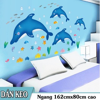 Decal trang trí dán tường - đàn cá heo xanh đại dương
