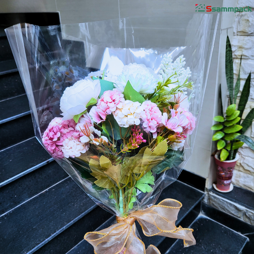 (46x45x12) Túi kiếng bó hoa loại lớn, bó khoảng 16 đến 20 cành hoa, túi bóng kính trong suốt gói hoa