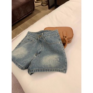 Quần short nữ đính đá MIN cạp cao denim xanh phong cách trẻ trung năng động, Quần jean ngắn đính đá