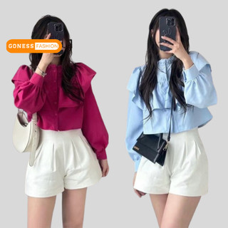 Áo sơ mi croptop nữ Goness dài tay form rộng cổ bèo điệu sơmi vải mềm mặc đứng dáng phong Hàn Quốc QS23505