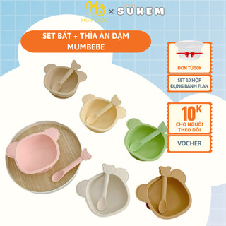 Set Bát Gấu Kèm Thìa Silicon Mumbebe Cho Bé Ăn Dặm Có Đế Hít Chống Lật