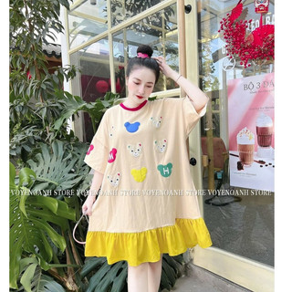 Váy babydoll nữ cộc tay phối chân voan họa tiết gấu, đầm nữ babydoll hoạ tiết gấu bầu bì bọn chen thoải mái