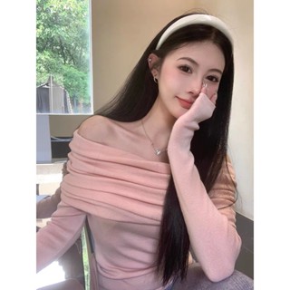 (ORDER) Áo thun dệt kim mỏng cổ bẻ gập nhăn trễ vai gợi cảm thon eo điệu đà màu hồng/đen/kem hàng QuảChâhoo