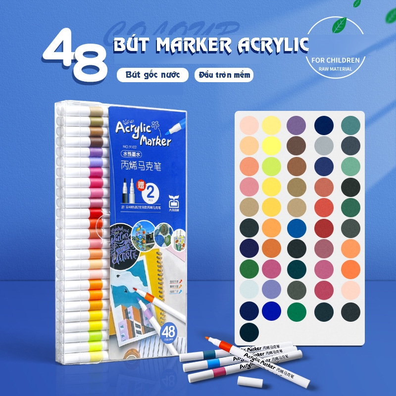 Bộ bút dạ marker màu acrylic 12/24/36/48 màu ANDY KIDS Bút dạ acrylic marker cao cấp không thấm nước mọi chất liệu