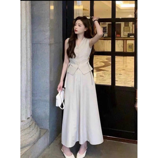 Set váy nữ áo sát nách mix cv midi màu be