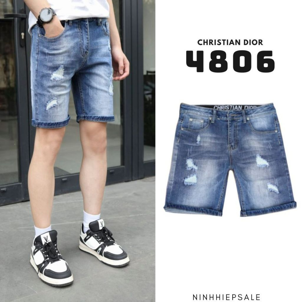 Quần sooc jeans nam Dior in họa tiết nổi chất vải co dãn hàng Quảng Châu dày dặn, quần short nam Dior xanh mài đùi 4806