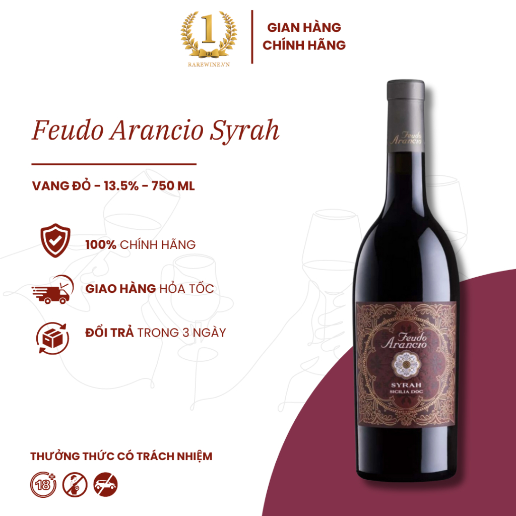 Rượu Vang Đỏ Ý Feudo Arancio Syrah, Nho Syrah Thượng Hạng 13.5% Chai 750M, Rượu Vang Hà Nội, Rượu Vang Ngon