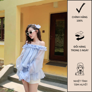Áo trễ vai tay phồng phối bèo tầng có bo chun freesize - a0868