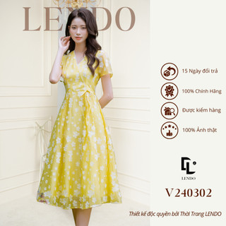 Đầm Váy Công Sở LENDO V240302 Dáng Xòe Dài Tay Ngắn Cổ Chữ V Cách Điệu Phối Ren Hoa Nổi