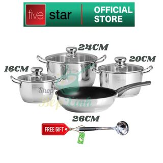 Bộ nồi chảo chống dính inox 304 Fivestar Plus nắp kính , tặng 1 vá canh