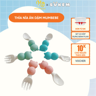 Set Thìa Nĩa Mumbebe Tay Cầm Ngắn Silicon Chống Trơn Cho Bé Tập Ăn, Tập Xúc
