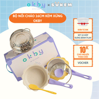 Bộ Nồi Chảo Đá Kèm Xứng Hấp Và Thìa Khuấy Okby Size 16cm Cho Bé Ăn Dặm Chống Dính Sử Dụng Bếp Từ