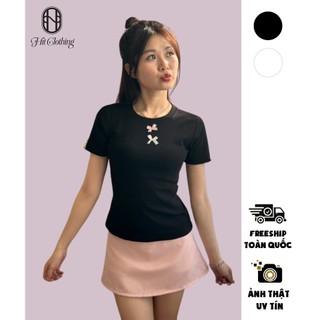 Áo baby tee chất thun cotton form ôm body đính nơ, áo thun basic style hàn - hit house - hitsao057