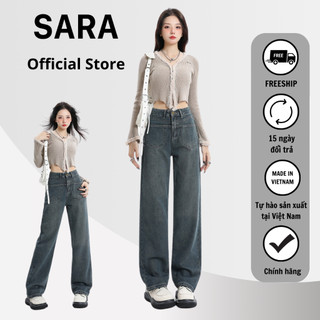 Quần Jean Nữ SARA VN Lưng Cao Ống Rộng Túi May Cách Điệu Dáng Suông Xanh Cổ Điển - Mã TD069