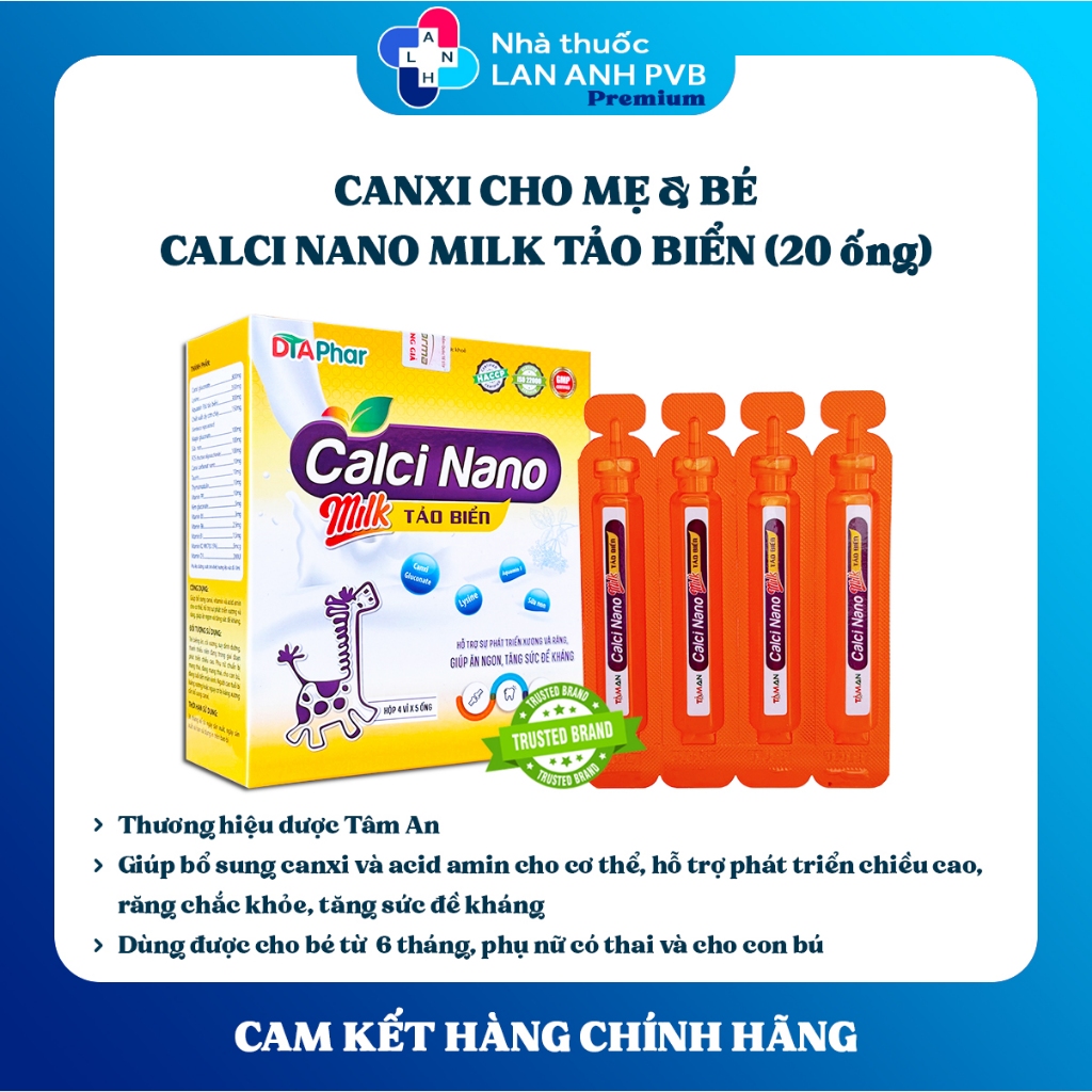 CALCI NANO MILK TẢO BIỂN (20 ống) - Bổ sung canxi nano, canxi hữu cơ, vitamin D3 K2 cho bé phát triển chiều cao.