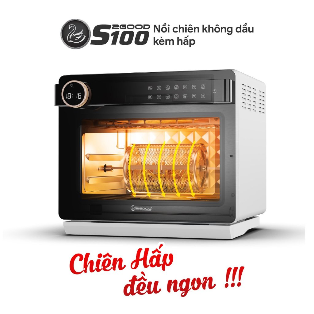 Nồi Chiên Không Dầu 2GOOD S100 Cải Tiến Mới - Chiên Hấp Đều Ngon, Lồng tự đảo 360°, Dung Tích 20L