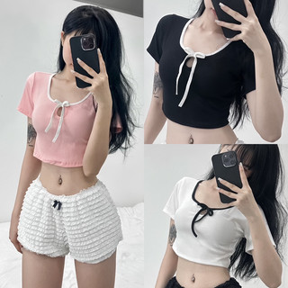 Áo thun cộc croptop nơ cổ xinh m714
