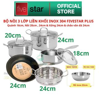 Bộ nồi inox 304 cao cấp Fivestar Plus FPB3002 nắp kính 3 lớp đáy liền khối size quánh 18cm - nồi 20cm - nồi 24cm