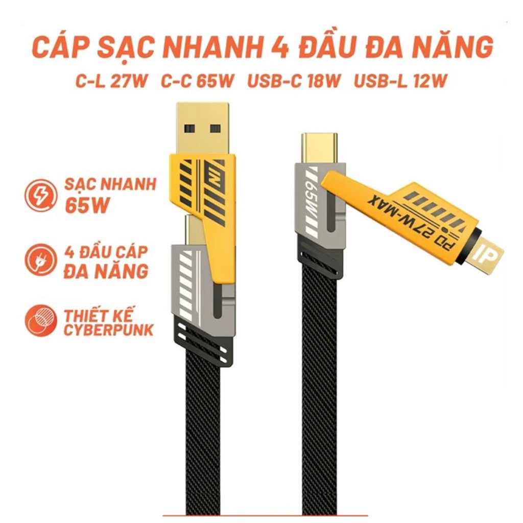 Cáp sạc nhanh đa năng 4 in 1, sạc siêu nhanh 65W cho Andoroid và PD 27W cho iP - AUDIO365 | BigBuy360 - bigbuy360.vn