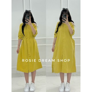 Xả kho Váy sơ mi nữ hở vai dáng dài xẻ tà kèm đai, Đầm suông nữ thanh lịch, công sở basic Rosie Dream Shop